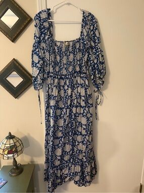 Paridhan Fab Blue and White Floral Smocked Maxi Dress